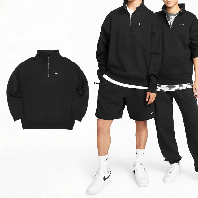 NIKE 耐吉NIKE 耐吉 長袖 Solo Swoosh 1/4-Zip 男女款 黑 寬版 刷毛 半拉鍊 刺繡 小勾 運動(DQ5210-010)