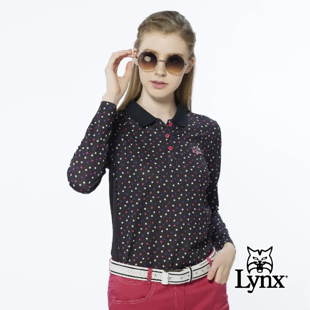 【Lynx Golf】女款吸濕排汗網眼材質繽紛水玉點點印花長袖POLO衫/高爾夫球衫(黑色)