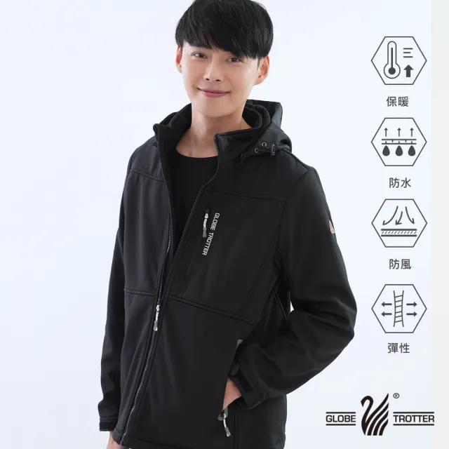 【遊遍天下】男款GlobeTex防水防風保暖刷毛軟殼外套 曜岩黑(登山騎車 M-5L 大尺碼)