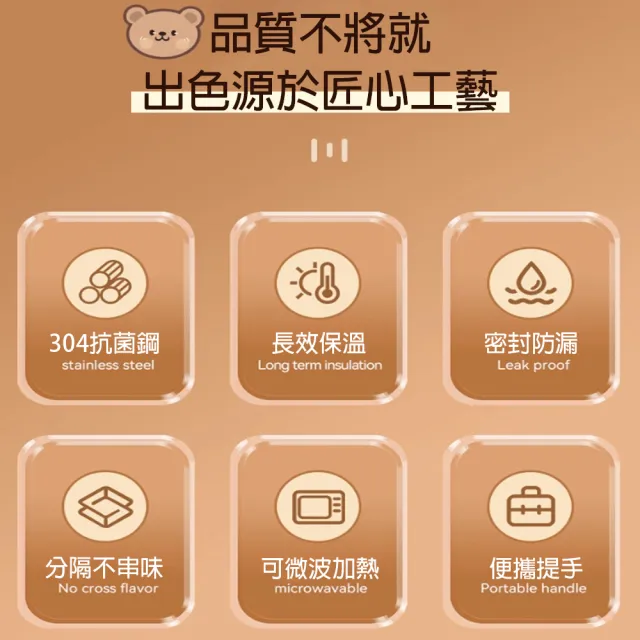 【樂邁家居】304不鏽鋼 可愛小熊便當盒組合(附餐具/可微波使用/食品級材質)
