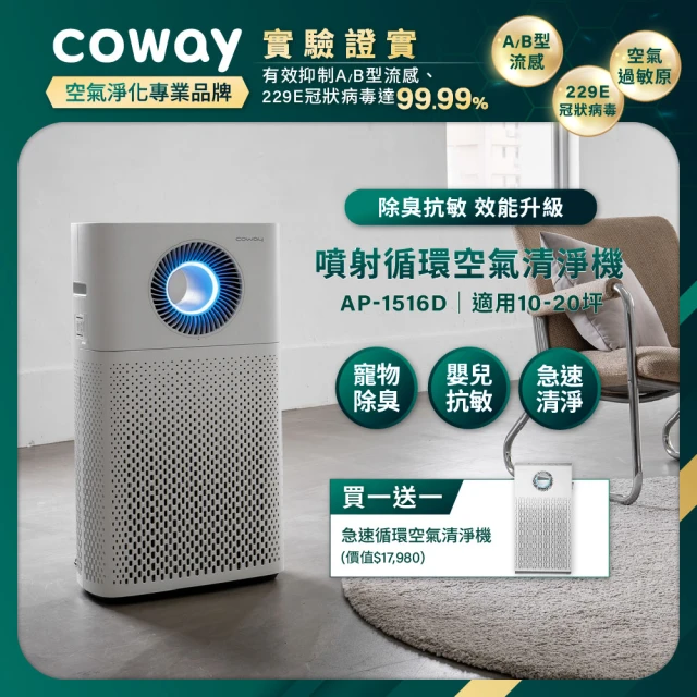 【Coway】(抑制流感)10-20坪急速循環+5-12坪急速循環空氣清淨機(AP-1516D+AP-1220B)