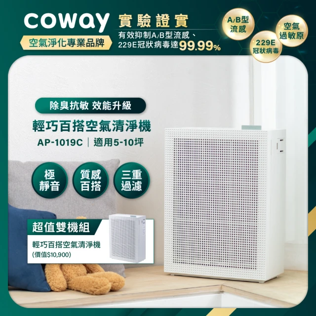 【Coway】(抑制流感)1+1超值雙機組 5-10坪綠淨力玩美雙禦空氣清淨機 AP-1019C