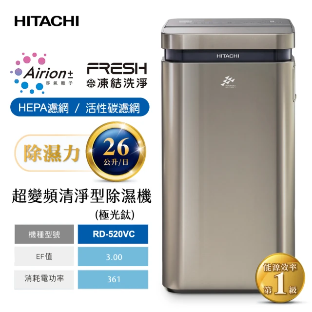【日立】26公升AI超變頻清淨除濕機/極光鈦(RD-520VC)