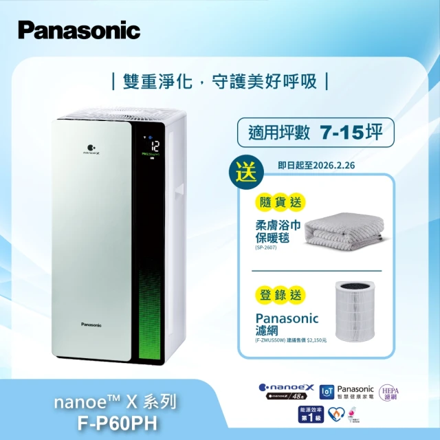 【Panasonic 國際牌】一級能源效率12坪nanoeX空氣清淨機(F-P60PH)
