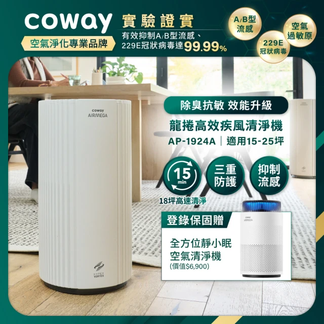 【Coway】15-25坪 龍捲高效疾風清淨機 AP-1924A(龍捲風機/CASR10.51/循環渦流/抑制流感/除甲醛/抗過敏)
