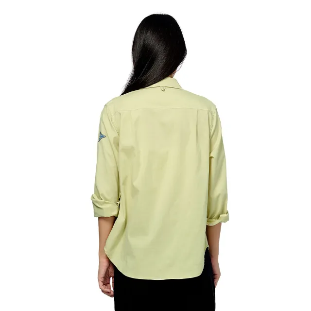 【JEEP】女裝 斜邊口袋剪接長袖襯衫(綠色)