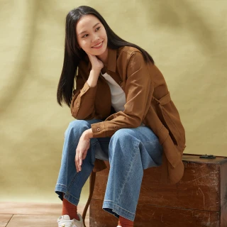 【JEEP】女裝 多口袋獵裝長版襯衫式外套(棕色)