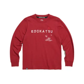 【EDWIN】江戶勝 男裝 海浪家徽章厚長袖T恤(暗紅色)