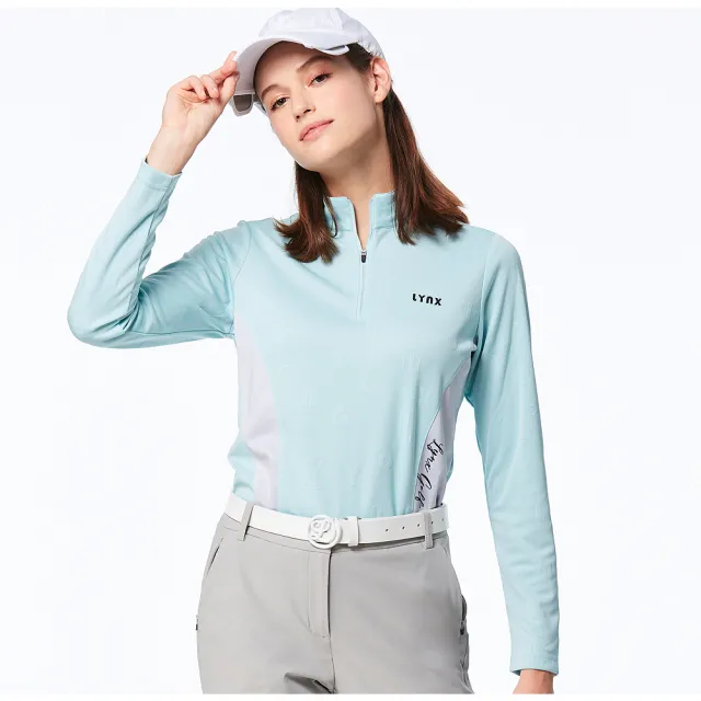 【Lynx Golf】女款合身版吸溼排汗緹花布料剪接造型長袖立領POLO衫/高爾夫球衫(三色)