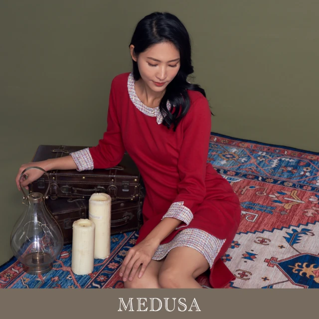 MEDUSA 曼度莎 現貨-聖誕紅拼接毛呢洋裝（M-XL）｜洋裝 連身裙 小禮服 小香風 冬新品(201-91106)