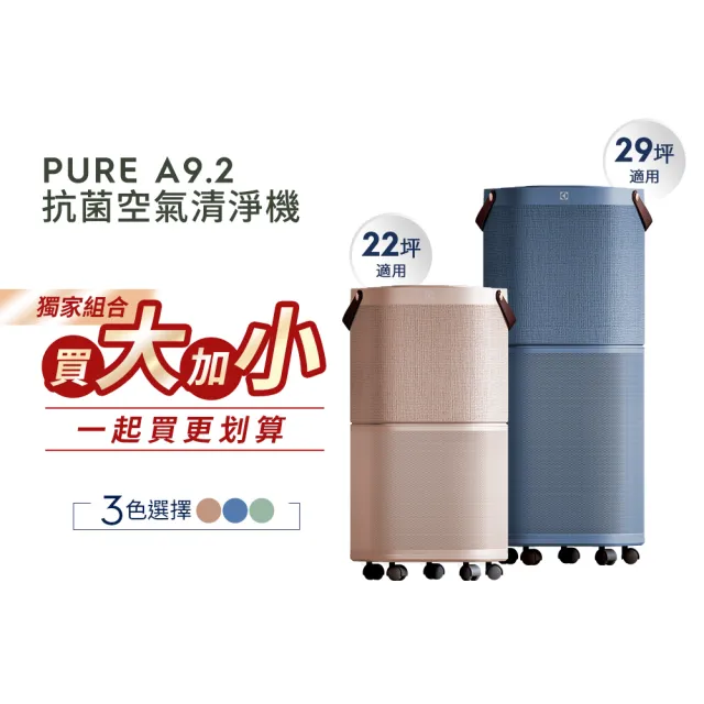 【大+小組合】Electrolux 伊萊克斯 Pure A9.2 高效能抗菌空氣清淨機(三色任選)