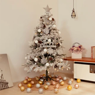 【摩達客】6尺/6呎-180cm頂級植雪裝飾聖誕樹-全套飾品+100燈LED小圓球珍珠燈串2串-暖白光/USB接頭