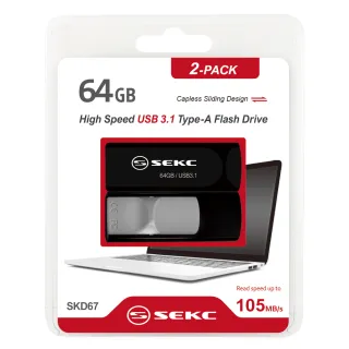 【SEKC】64GB USB 3.1 SKD67 滑蓋伸縮式隨身碟-兩入裝(SKD672P64G)