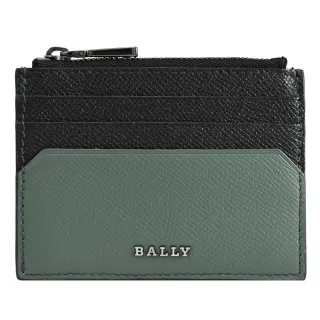 【BALLY】BYRION 撞色荔枝牛皮6卡零錢包(灰綠/黑)