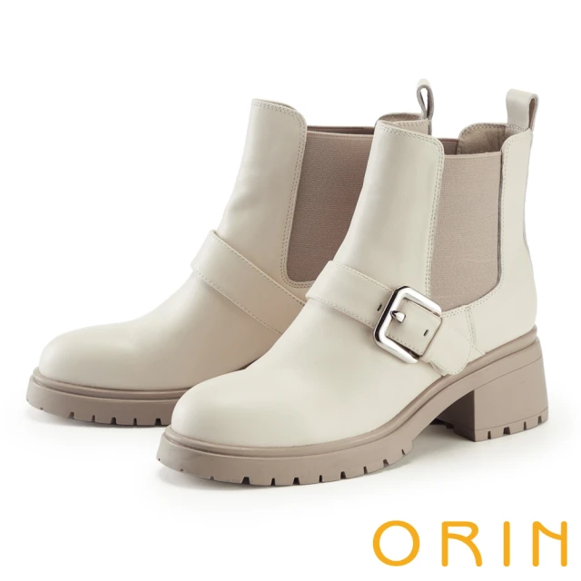 ORIN 造型皮釦真皮切爾西短靴(米色)評價推薦