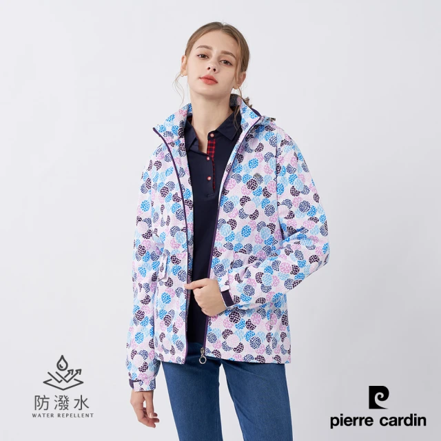 pierre cardin 皮爾卡登 輕運動 女款 戶外防風防潑水可拆帽北歐風印花外套-紫色(6235791-28)