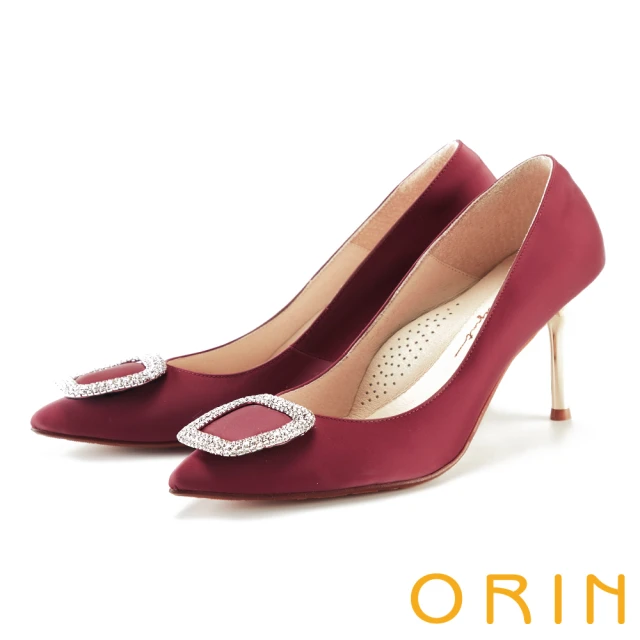 ORIN 方釦鑽飾絲綢牛皮高跟鞋(紅色)