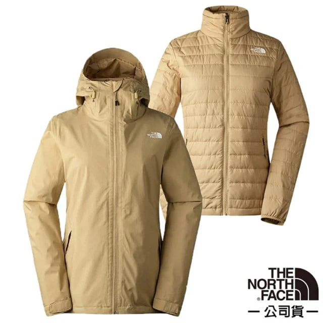 The North Face 女 3效能 防水透氣防風耐磨連帽二件式外套_亞洲版型(5B1X-LK5 卡其色)