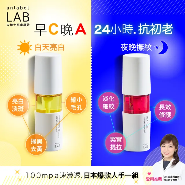 【unlabelLAB安博士】早C晚A組★毛孔清零維他命VC美容液50ml+逆襲垮臉A醇美容液50ml(抗老緊緻明星品)