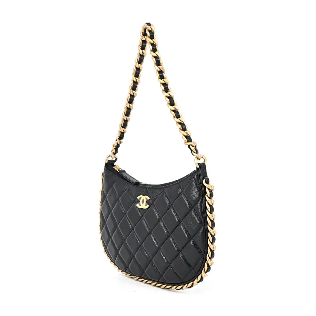 【CHANEL 香奈兒】Hobo Bag經典雙C LOGO菱格紋小羊皮小號手提/肩背包(黑色)