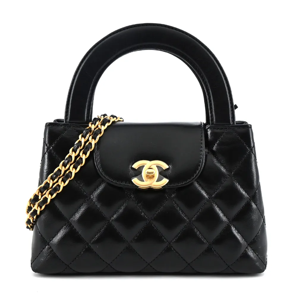 CHANEL 香奈兒 Kelly Bag 雙C LOGO菱格紋小牛皮手提/斜背包(黑色)