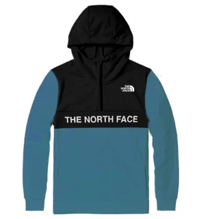 【The North Face】中性款 經典大LOGO 半門襟拉鍊長袖保暖連帽上衣(4U5K-SF7 藍/黑 V)