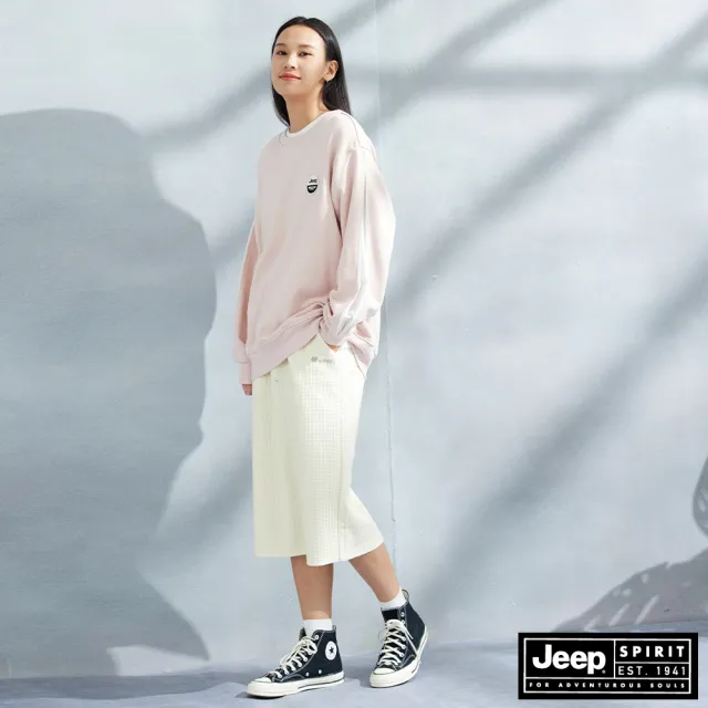 【JEEP】女裝 格型壓紋窄長裙(米白)