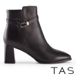 【TAS】羊皮皮帶扣飾粗高跟短靴(黑色)
