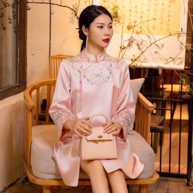 【糖潮】玩美衣櫃清新中式寬鬆改良短旗袍粉色洋裝S-2XL