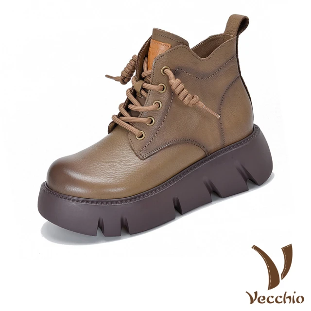 VecchioVecchio 真皮馬丁靴 厚底馬丁靴/全真皮頭層牛皮寬楦大圓頭鬆糕厚底馬丁靴(卡其)
