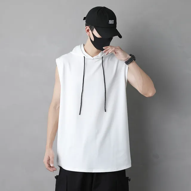 【D.studio】韓版無袖連帽T恤(短袖上衣 無袖t恤 男裝 顯瘦 寬鬆 素T 運動背心 V269)