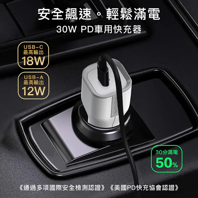 【ENERGEAR 安杰爾】30W Type-C PD快充 + USB-A 雙孔車充(霧珍白)