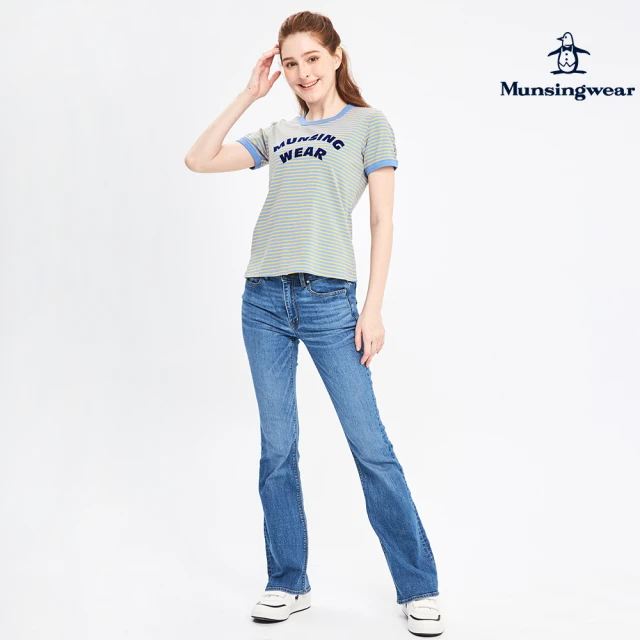 【Munsingwear】企鵝牌 女款寶藍色高彈性小喇叭牛仔長褲 MLQL8822