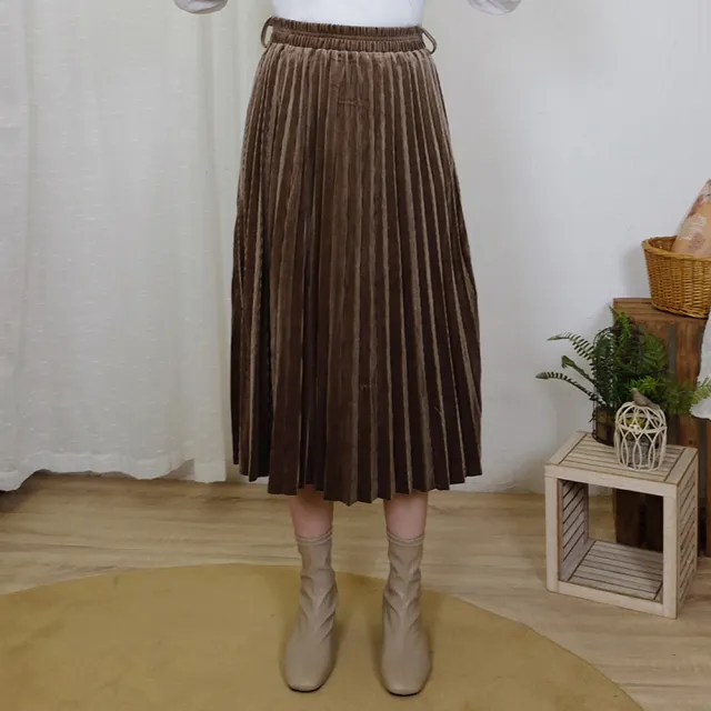 【Hana Mokuba】花木馬日系女裝鬆緊腰光澤感絨面壓褶長裙(長裙)