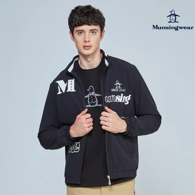【Munsingwear】企鵝牌 男款黑色立領字母印花薄外套 MGPL6606