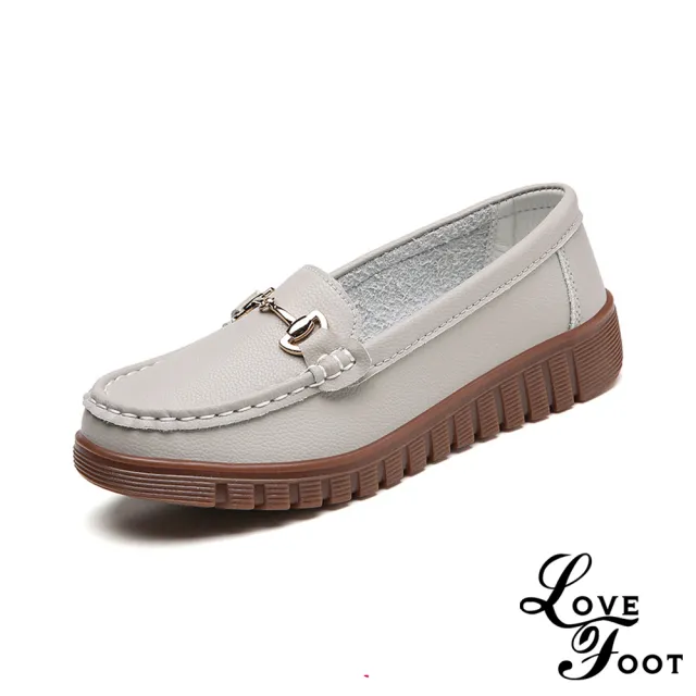 【LOVE FOOT 樂芙】真皮樂福鞋 圓頭樂福鞋/真皮百搭馬銜扣飾造型小圓頭休閒鞋 樂福鞋(灰)