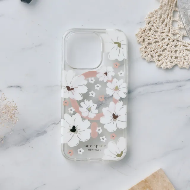 【KATE SPADE】iPhone 15 MagSafe 精品手機殼 純白牡丹(磁吸 iPhone14 / 13可共用)