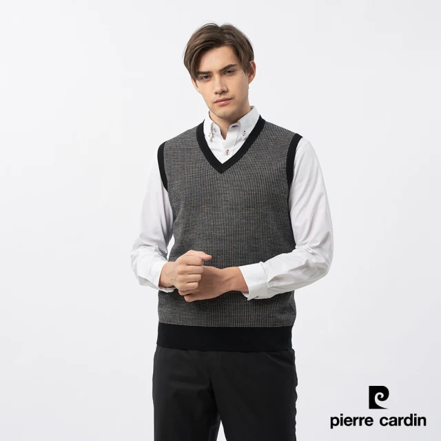 pierre cardin 皮爾卡登 商務休閒 男款 混紡羊毛V領小緹花毛衣背心-黑色(5235462-99)