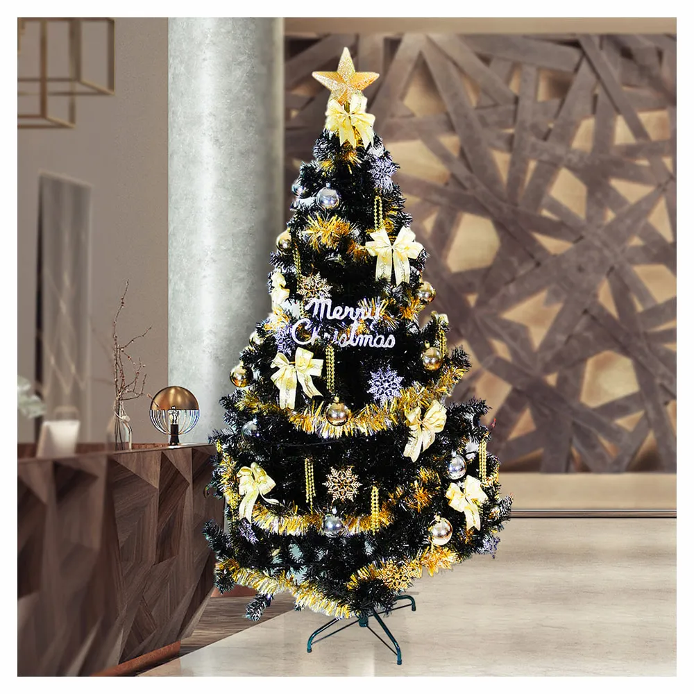 【摩達客】台灣製造7呎/7尺210cm時尚豪華版黑色聖誕樹(+金銀色系配件-不含燈)