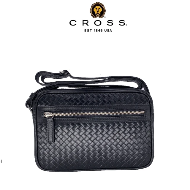 【CROSS】台灣總經銷 限量1折 頂級小牛皮編織紋拉鍊斜背包 全新專櫃展示品(黑色)