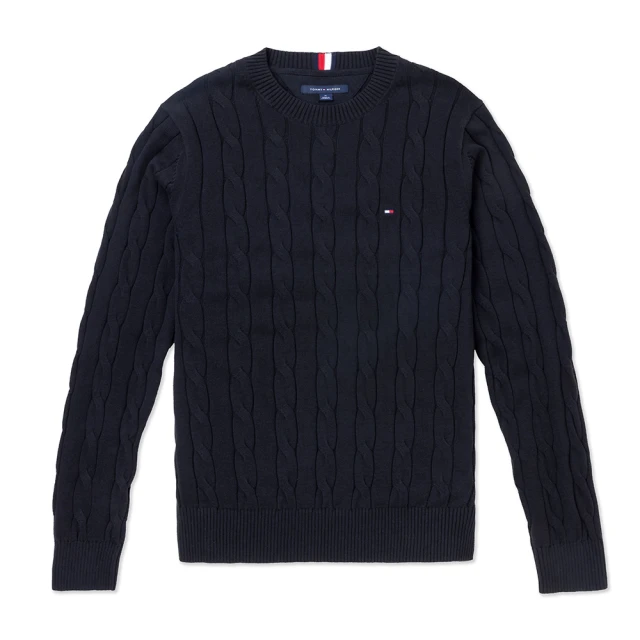 Tommy Hilfiger TOMMY 經典圓領Logo麻花針織毛衣 上衣-黑色(平輸品/經典舒適)