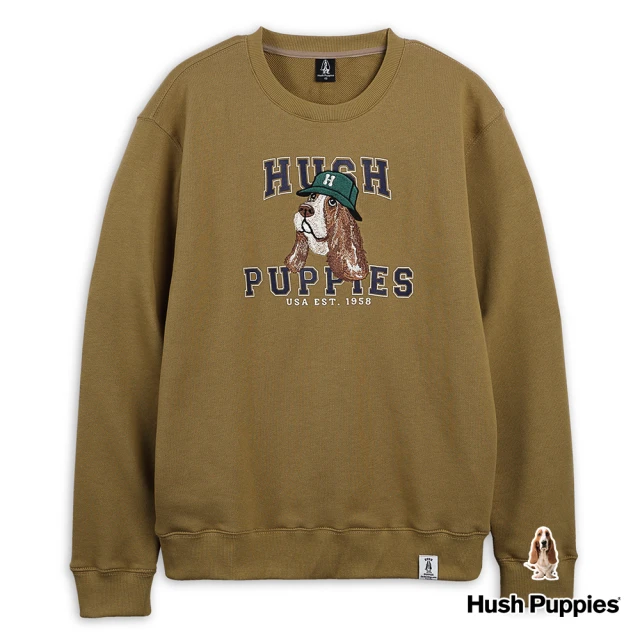 【Hush Puppies】男裝 上衣 精緻刺繡漁夫帽狗寬版長袖上衣(深卡其 / 34110208)