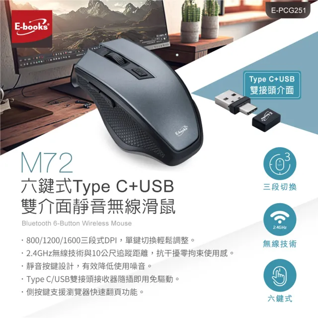 【E-books】M72 六鍵式Type C+USB雙介面靜音無線滑鼠