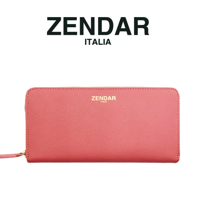 ZENDARZENDAR 頂級NAPPA小牛皮十字紋拉鍊長夾 卡門系列(粉紅色 贈禮盒提袋)