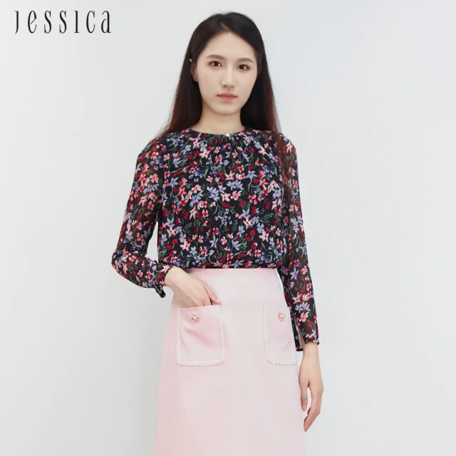 JESSICAJESSICA 花卉印花雪紡褶皺圓領長袖雪紡衫J30456