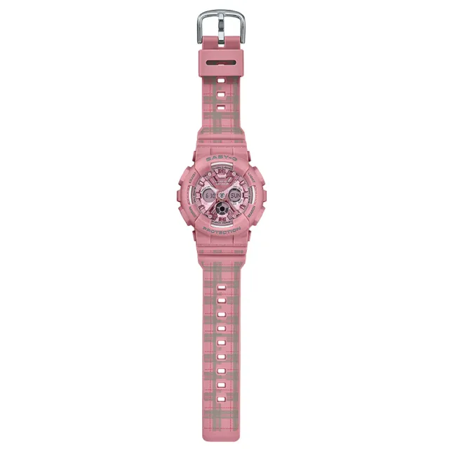 【CASIO 卡西歐】BABY-G 粉紅煙燻棕格紋雙顯腕錶 母親節 禮物(BA-130SP-4A)