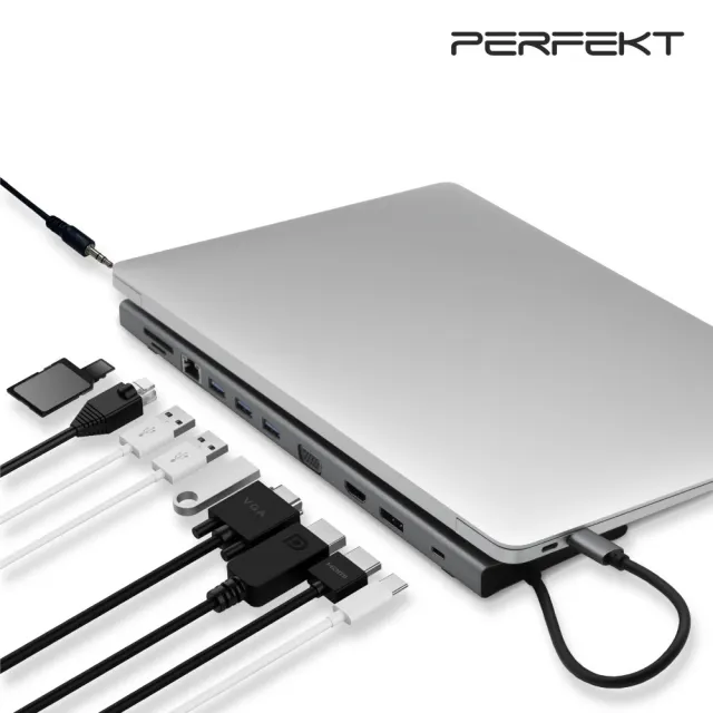 PERFEKT USB-C 11合1 多媒體集線器 Hub PD充電 VGA 網路線 HDMI DP 4K Type C  筆電擴充底座