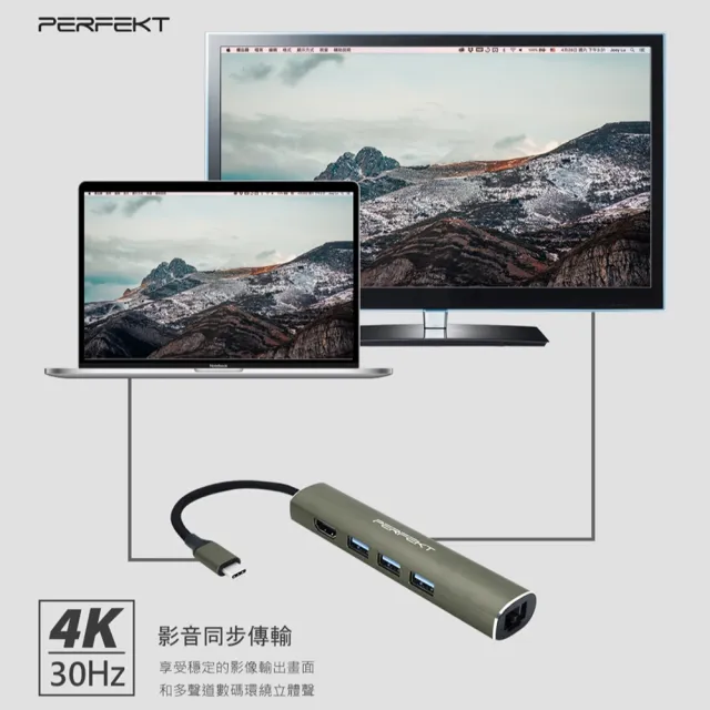 【PERFEKT】USB 3.1 Type C 五孔 多功能集線器 HUB + HDMI/ 網路(RJ45 HDMI 連接器 鋁合金 PT-51110)