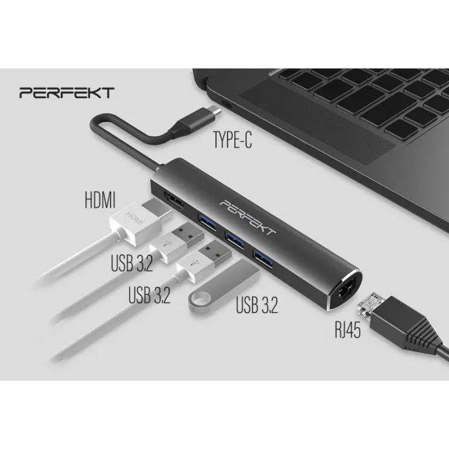 【PERFEKT】USB 3.1 Type C 五孔 多功能集線器 HUB + HDMI/ 網路(RJ45 HDMI 連接器 鋁合金 PT-51110)