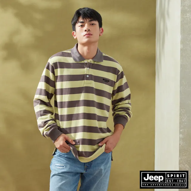 【JEEP】男裝 美式跳色條紋長袖POLO衫(灰綠色)